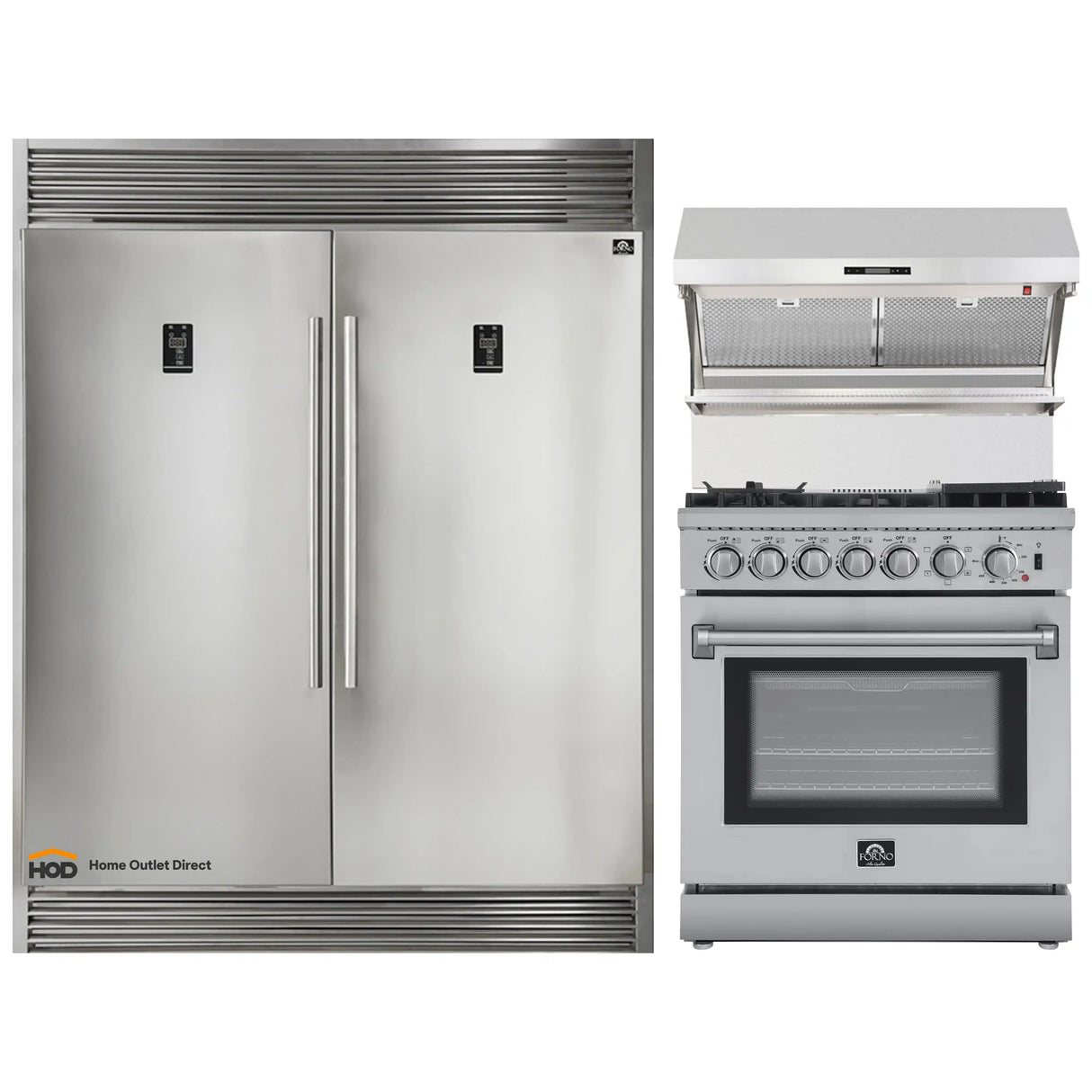 Forno 3-Piece Appliance Package - 30-Inch Dual Fuel Range with Air Fryer, 60-Inch Pro-Style Refrigerator & Wall Mount Hood with Backsplash in Stainless Steel