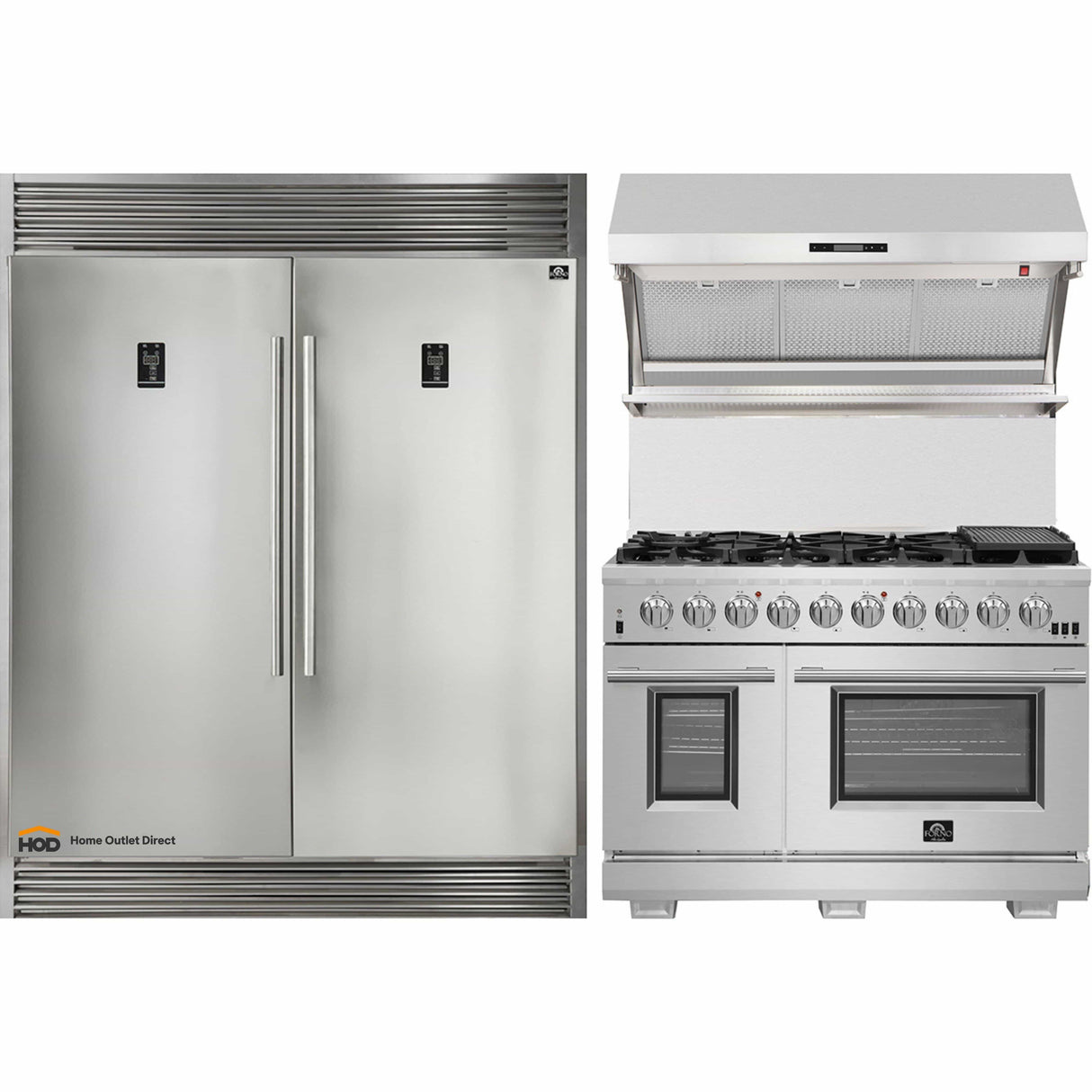 Forno 3-Piece Appliance Package - 48-Inch Gas Range, 56-Inch Pro-Style Refrigerator & Wall Mount Hood with Backsplash in Stainless Steel