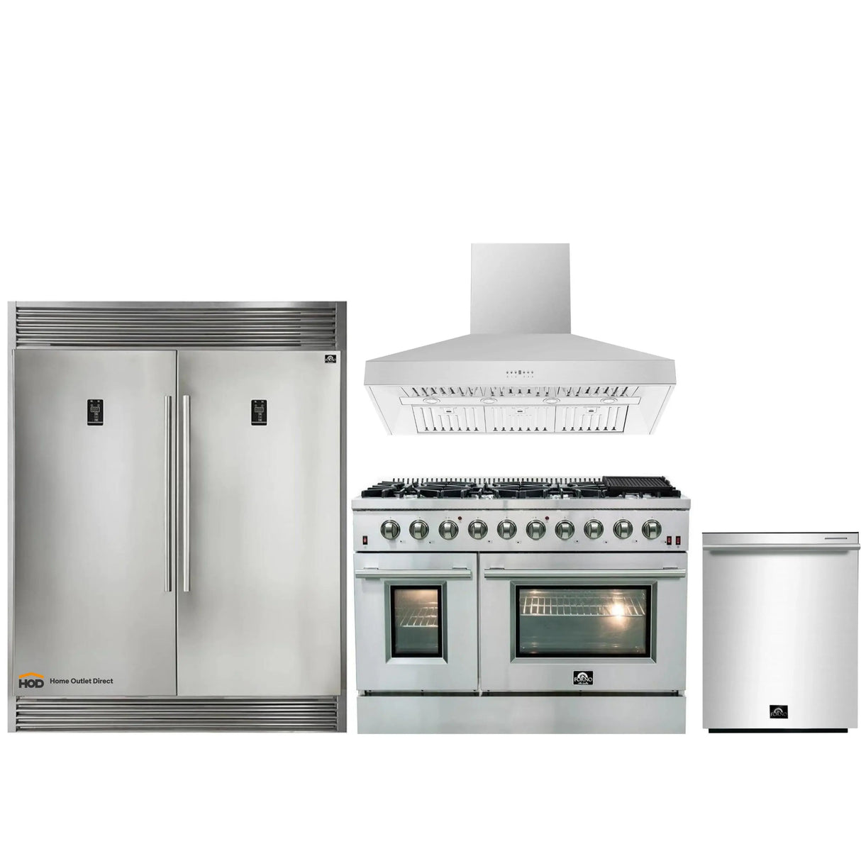 Forno 4-Piece Appliance Package - 48-Inch Gas Range, 56-Inch Pro-Style Refrigerator, Wall Mount Hood, & 3-Rack Dishwasher in Stainless Steel