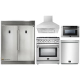 Forno 5-Piece Appliance Package - 30-Inch Gas Range, 56-Inch Pro-Style Refrigerator, Wall Mount Hood, Microwave Drawer, & 3-Rack Dishwasher in Stainless Steel