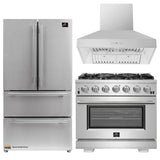 Forno 3-Piece Pro Appliance Package - 36-Inch Gas Range, Refrigerator, & Wall Mount Hood in Stainless Steel