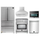 Forno 5-Piece Appliance Package - 30-Inch Gas Range, Refrigerator, Wall Mount Hood, Microwave Oven, & 3-Rack Dishwasher in Stainless Steel