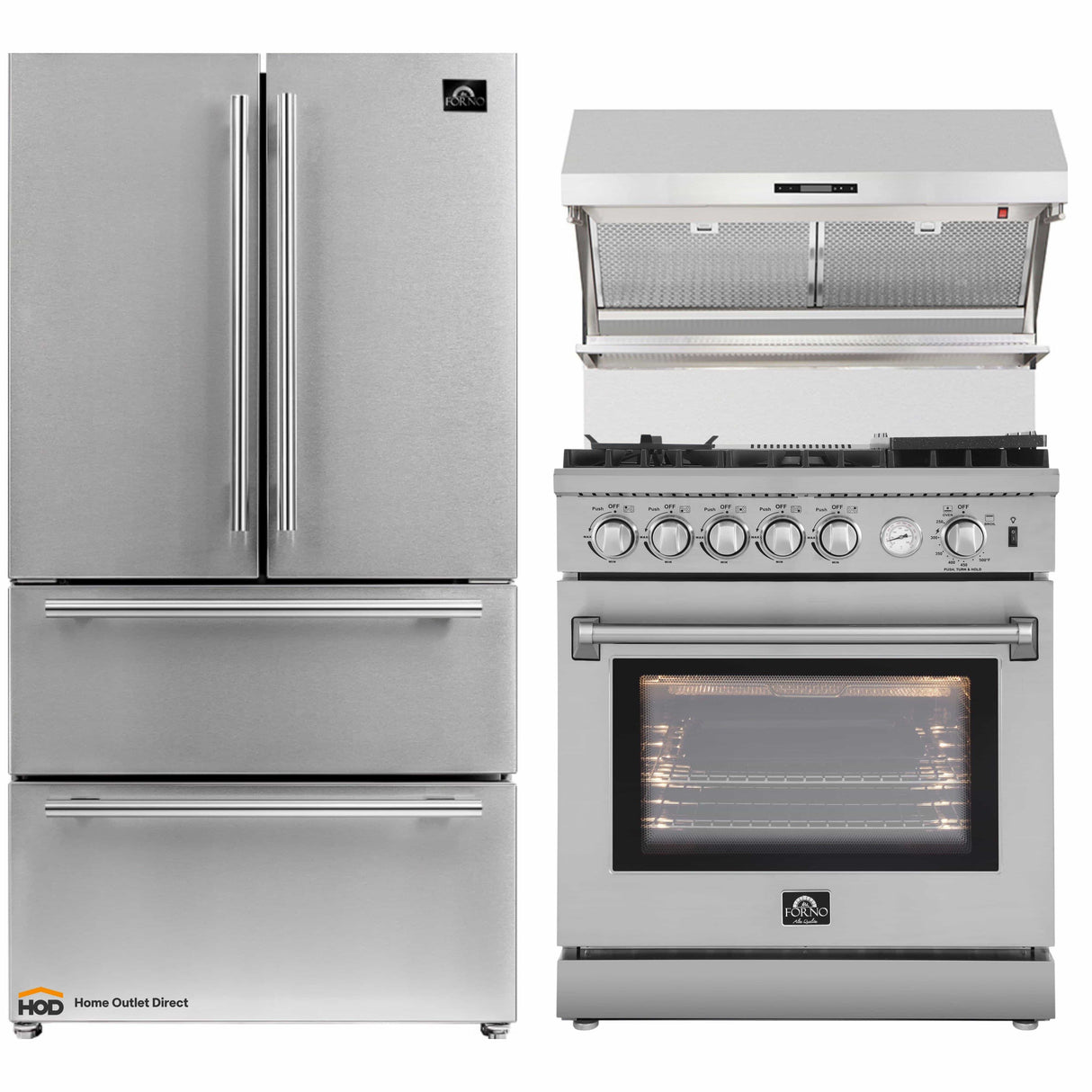 Forno 3-Piece Appliance Package - 30-Inch Gas Range with Air Fryer, Refrigerator, & Wall Mount Hood with Backsplash in Stainless Steel