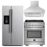 Forno 3-Piece Pro Appliance Package - 30-Inch Gas Range, Refrigerator with Water Dispenser, & Wall Mount Hood in Stainless Steel