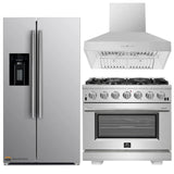 Forno 3-Piece Pro Appliance Package - 36-Inch Gas Range, Refrigerator with Water Dispenser, & Wall Mount Hood in Stainless Steel