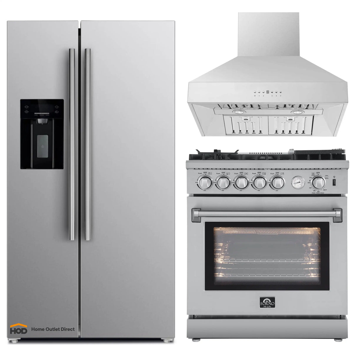 Forno 3-Piece Appliance Package - 30-Inch Gas Range with Air Fryer, Refrigerator with Water Dispenser,& Wall Mount Hood in Stainless Steel