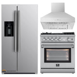 Forno 3-Piece Appliance Package - 30-Inch Gas Range with Air Fryer, Refrigerator with Water Dispenser,& Wall Mount Hood in Stainless Steel