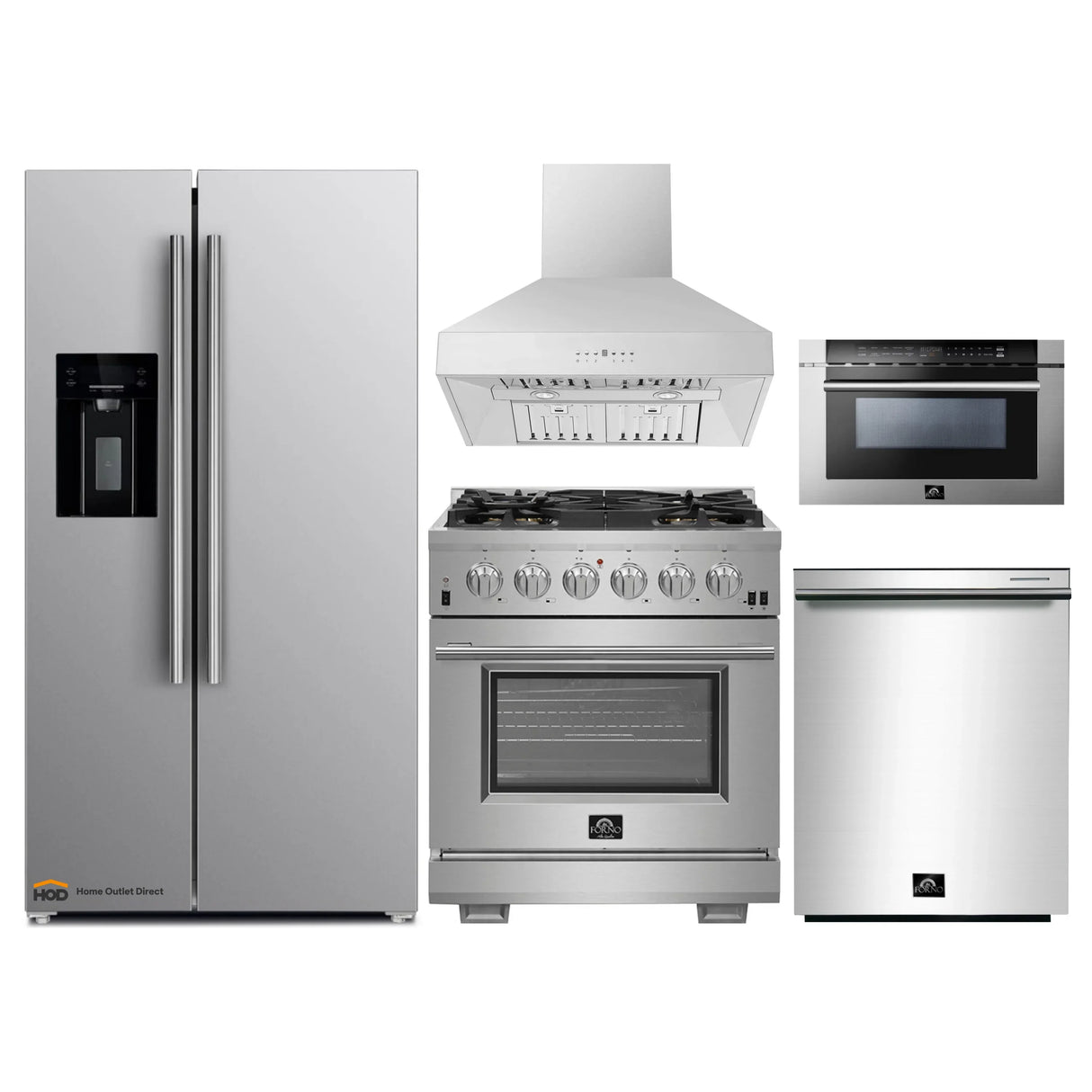 Forno 5-Piece Pro Appliance Package - 30-Inch Gas Range, Refrigerator with Water Dispenser, Wall Mount Hood, Microwave Drawer, & 3-Rack Dishwasher in Stainless Steel