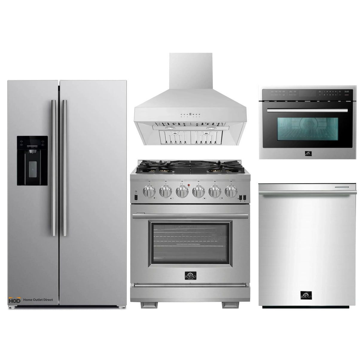 Forno 5-Piece Pro Appliance Package - 30-Inch Gas Range, Refrigerator with Water Dispenser, Wall Mount Hood, Microwave Oven, & 3-Rack Dishwasher in Stainless Steel