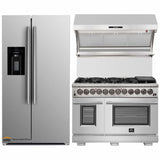 Forno 3-Piece Pro Appliance Package - 48-Inch Dual Fuel Range, Refrigerator with Water Dispenser,& Wall Mount Hood with Backsplash in Stainless Steel