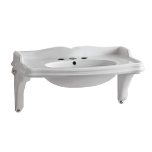 Isabella Collection Large Rectangular Wall Mount Basin with Integrated Oval Bowl, Widespread Faucet Drilling and Ceramic Shelf Supports
