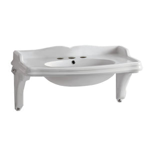 Isabella Collection Large Rectangular Wall Mount Basin with Integrated Oval Bowl, Widespread Faucet Drilling and Ceramic Shelf Supports