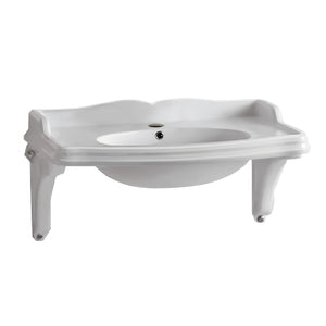 Isabella Collection Large Rectangular Wall Mount Basin with Integrated Oval Bowl, Single Hole Faucet Drilling and Ceramic Shelf Supports