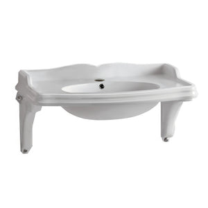 Isabella Collection Large Rectangular Wall Mount Basin with Integrated Oval Bowl, Single Hole Faucet Drilling and Ceramic Shelf Supports