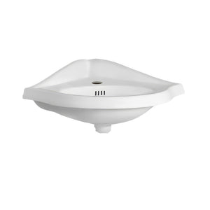 Isabella Collection Corner Wall Mount Basin with Single Hole Faucet Drilling, Oval bowl, Backsplash, Dual Soap Ledges and Overflow