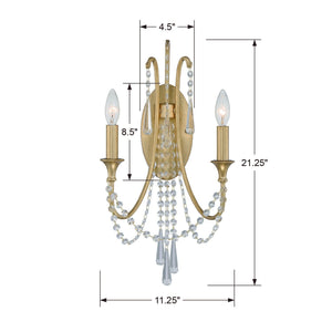 Arcadia 2 Light Antique Gold Sconce ARC-1902-GA-CL-MWP