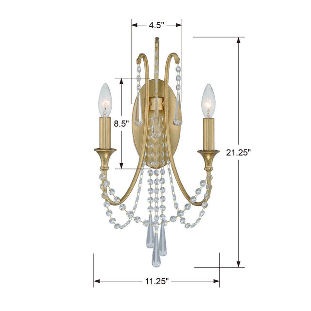 Arcadia 2 Light Antique Gold Sconce ARC-1902-GA-CL-MWP