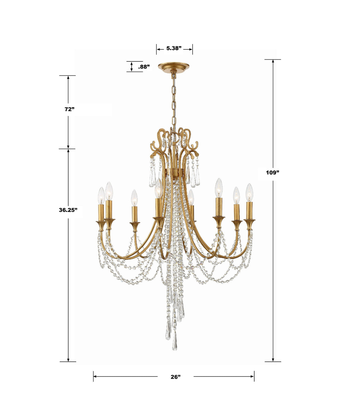 Arcadia 8 Light Antique Gold Chandelier ARC-1908-GA-CL-MWP