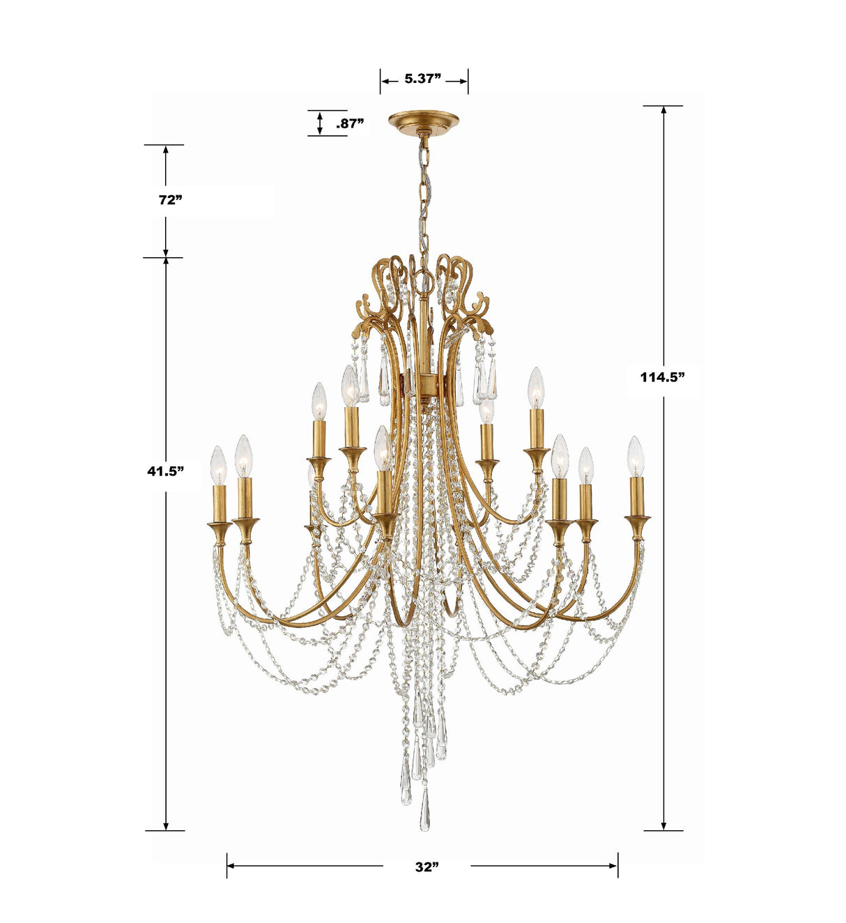 Arcadia 12 Light Antique Gold Chandelier ARC-1909-GA-CL-MWP