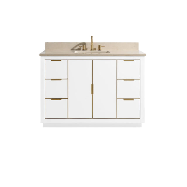Avanity Austen 49 in. Vanity Combo in White with Gold Trim and Crema Marfil Marble Top