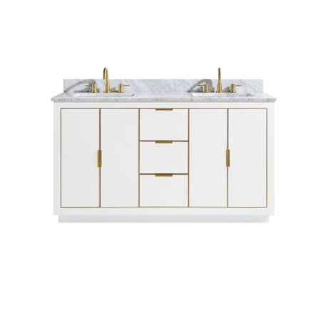 Avanity Austen 61 in. Vanity Combo in White with Gold Trim and Carrara White Marble Top 