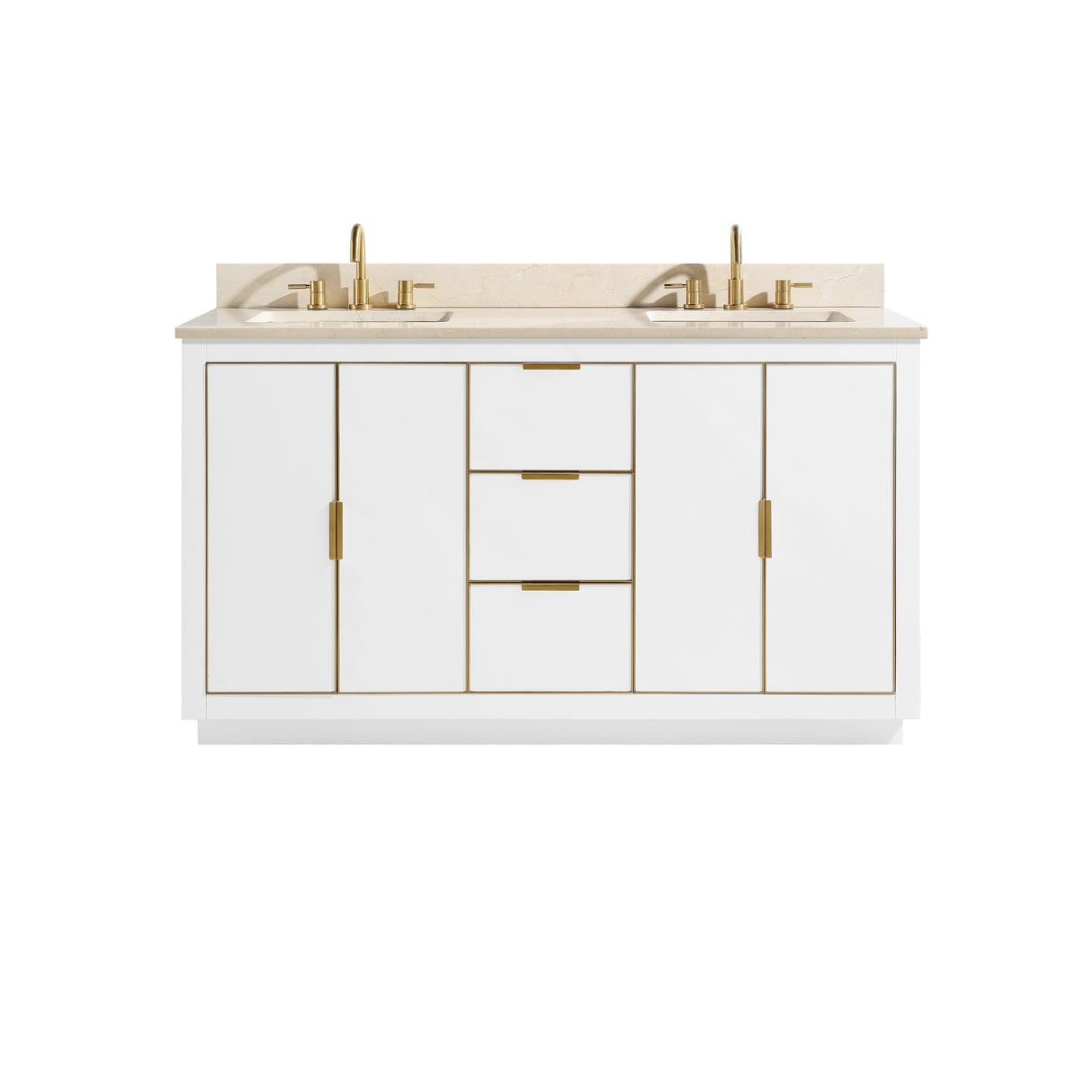 Avanity Austen 61 in. Vanity Combo in White with Gold Trim and Crema Marfil Marble Top