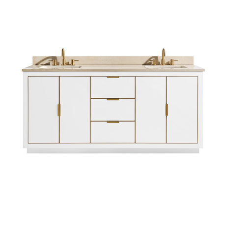 Avanity Austen 73 in. Vanity Combo in White with Gold Trim and Crema Marfil Marble Top