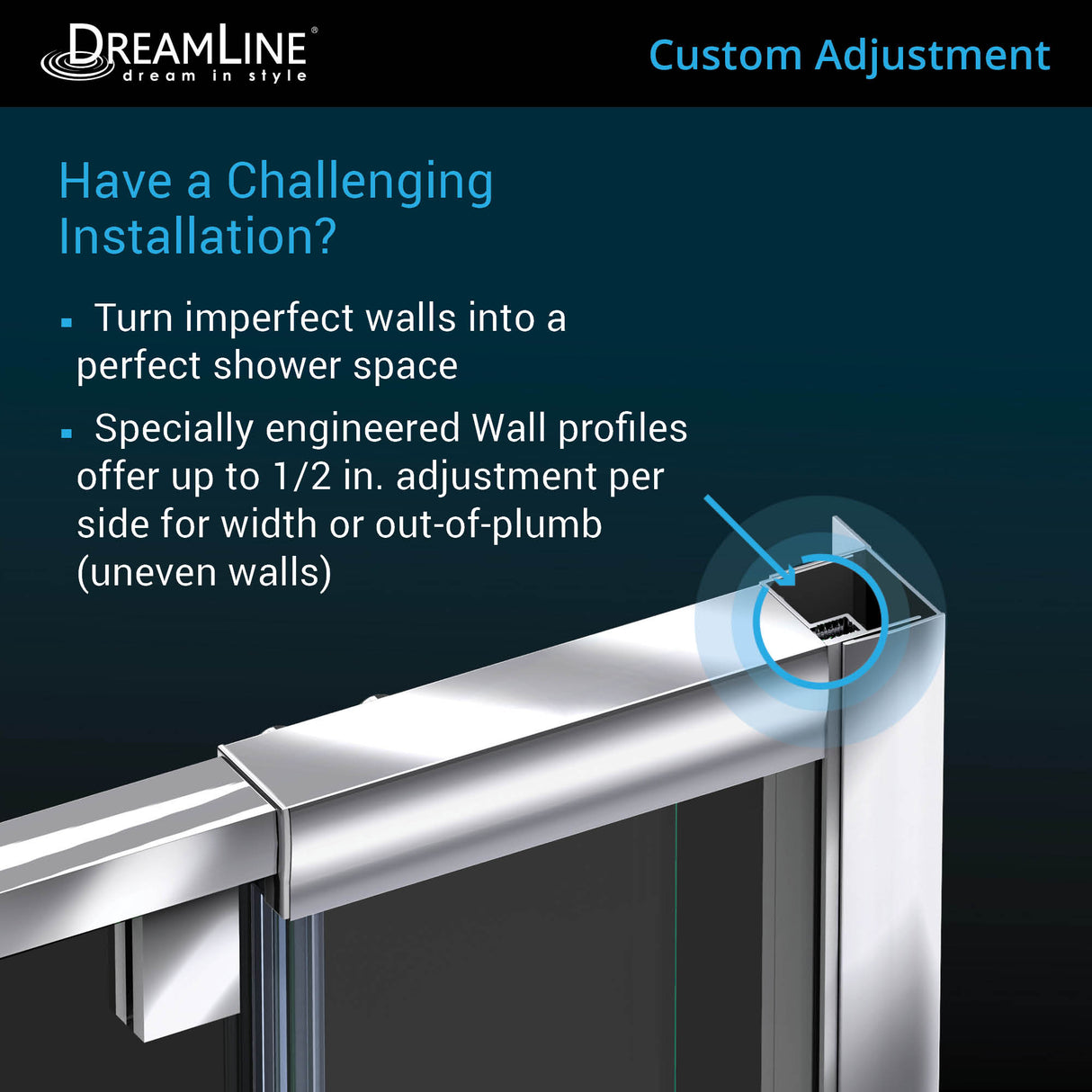 DreamLine Flex 34 1/2 in. D x 50-54 in. W x 72 in. H Semi-Frameless Pivot Shower Enclosure in Chrome