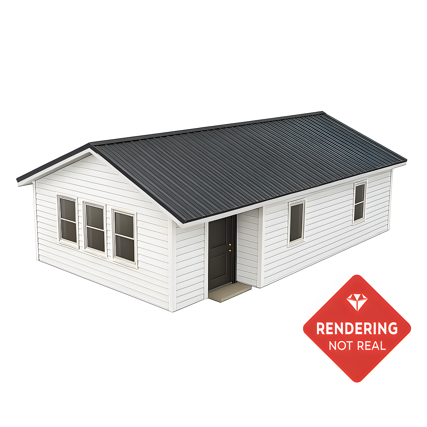 Prepared building with a black roof on a white background, featuring a 'Rendering Not Real' label.
