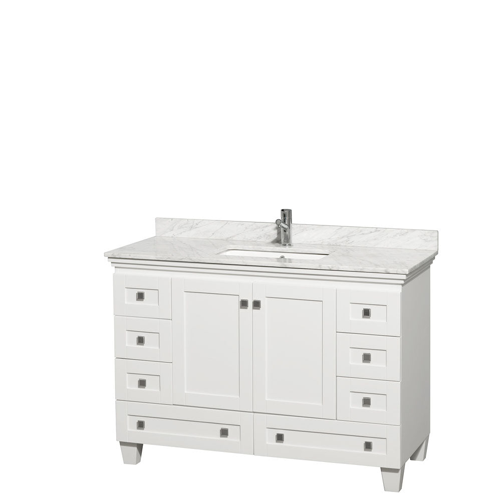 Acclaim 48 Inch Single Bathroom Vanity in White, White Carrara Marble Countertop, Undermount Square Sink, and No Mirror PoshHaus