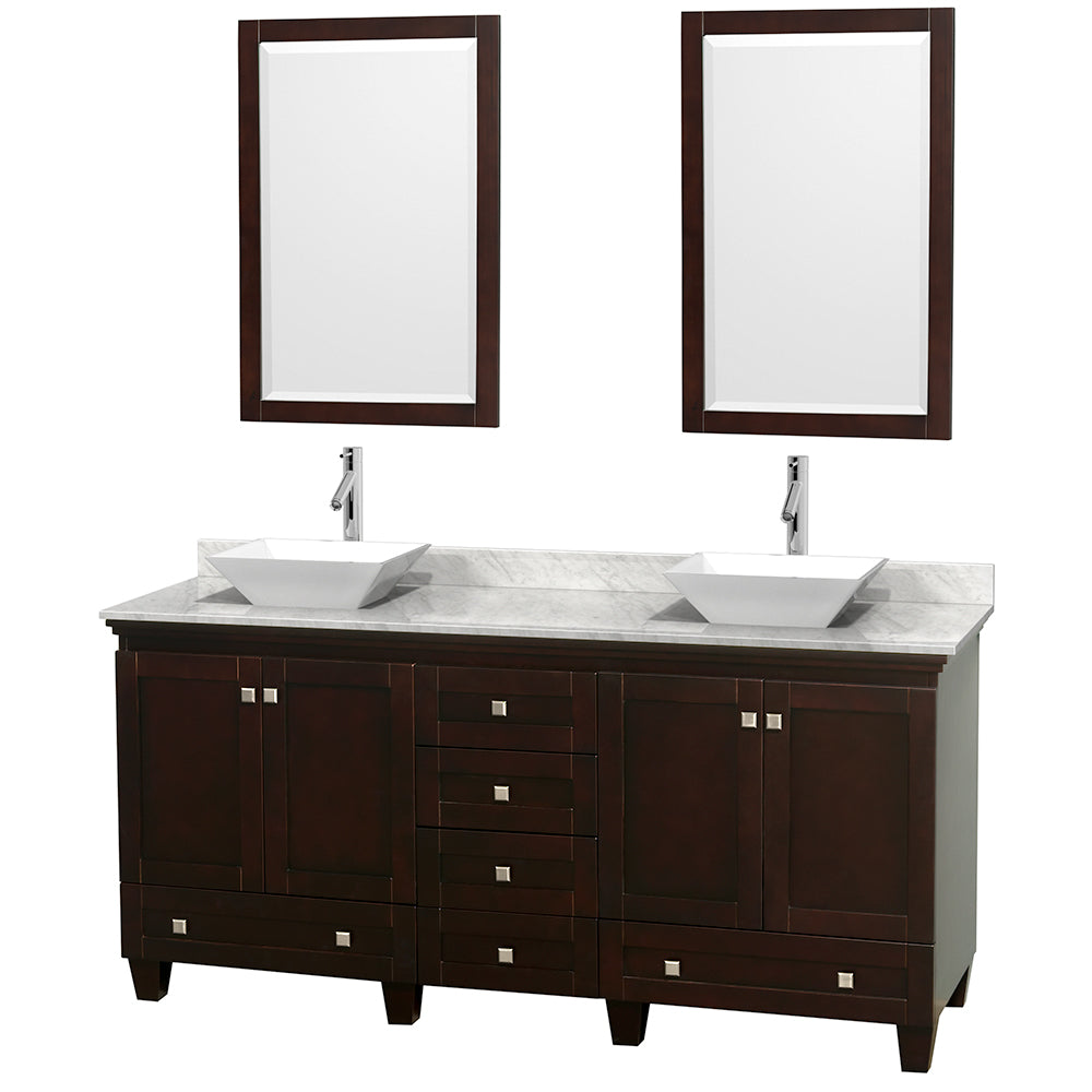 Acclaim 72 Inch Double Bathroom Vanity in Espresso, White Carrara Marble Countertop, Pyra White Sinks, and 24 Inch Mirrors PoshHaus