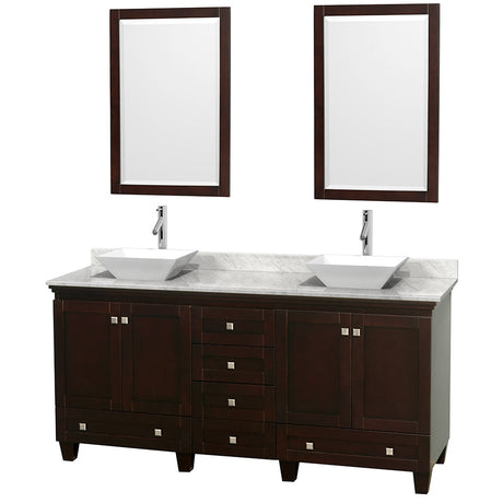 Acclaim 72 Inch Double Bathroom Vanity in Espresso, White Carrara Marble Countertop, Pyra White Sinks, and 24 Inch Mirrors PoshHaus