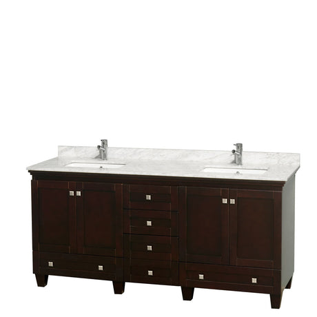 Acclaim 72 Inch Double Bathroom Vanity in Espresso, White Carrara Marble Countertop, Undermount Square Sinks, and No Mirrors PoshHaus