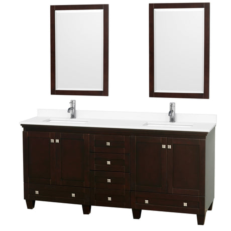 Acclaim 72 Inch Double Bathroom Vanity in Espresso, White Cultured Marble Countertop, Undermount Square Sinks, 24 Inch Mirrors PoshHaus