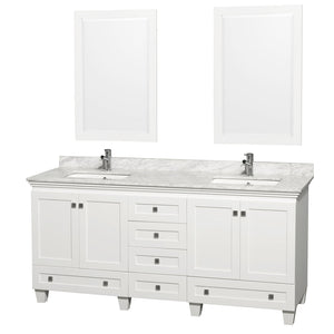 Acclaim 72 Inch Double Bathroom Vanity in White, White Carrara Marble Countertop, Undermount Square Sinks, and 24 Inch Mirrors PoshHaus