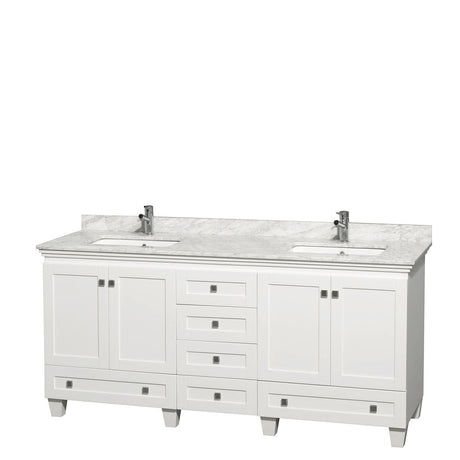 Acclaim 72 Inch Double Bathroom Vanity in White, White Carrara Marble Countertop, Undermount Square Sinks, and No Mirrors PoshHaus