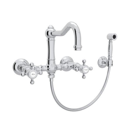Acqui® Wall Mount Bridge Kitchen Faucet With Sidespray And Column Spout Polished Chrome PoshHaus