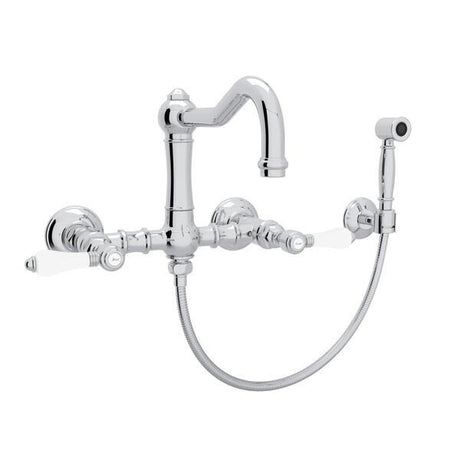 Acqui® Wall Mount Bridge Kitchen Faucet With Sidespray And Column Spout Polished Chrome PoshHaus
