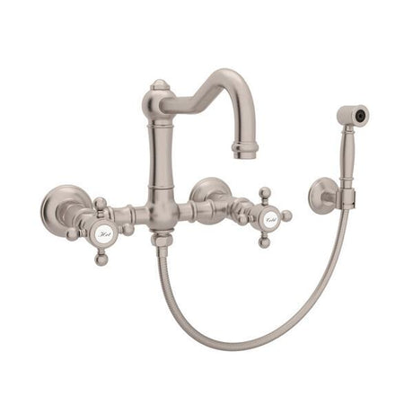 Acqui® Wall Mount Bridge Kitchen Faucet With Sidespray And Column Spout Satin Nickel PoshHaus