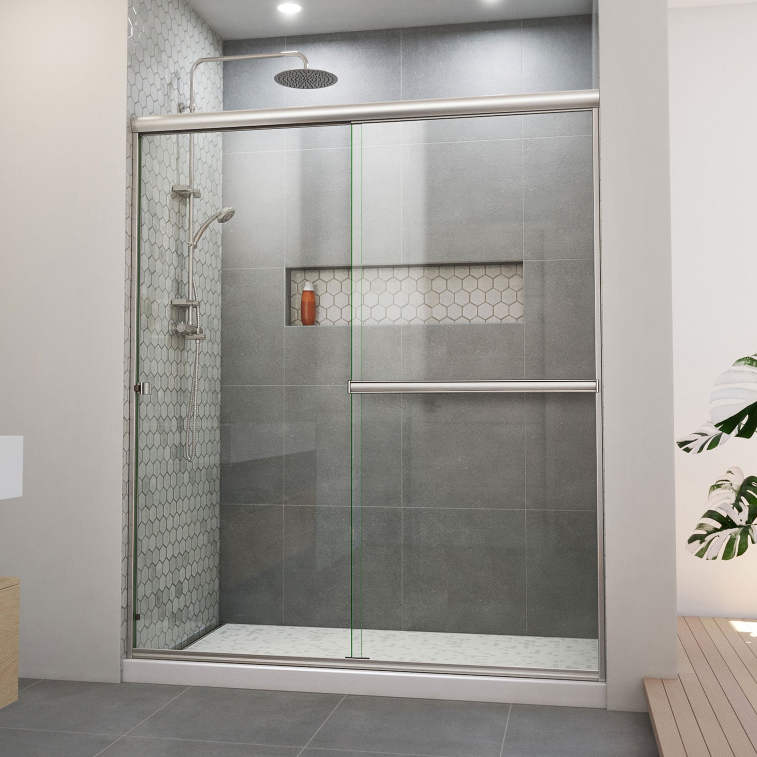 DreamLine Alliance Pro BG 56-60 in. W x 70 3/8 in. H Semi-Frameless Sliding Shower Door in Brushed Nickel and Clear Glass