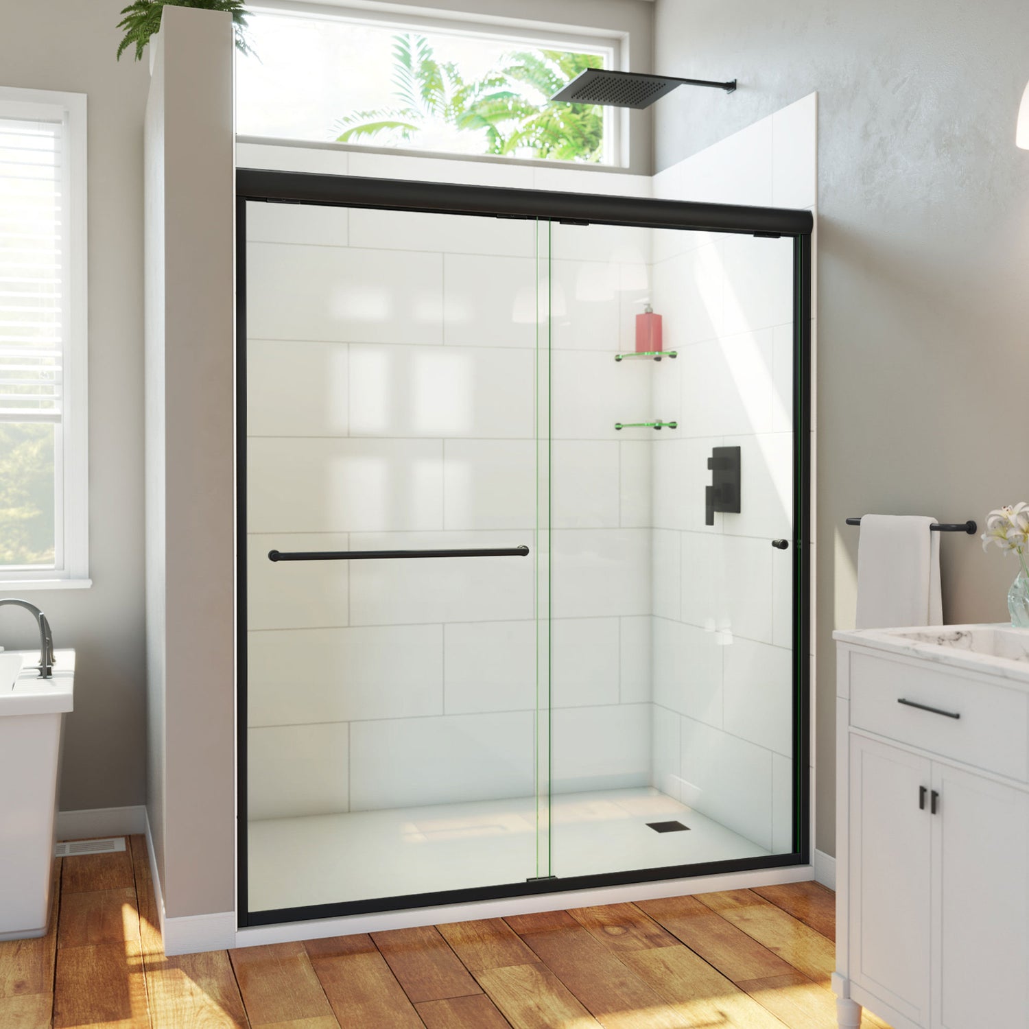 DreamLine Alliance Pro HV 56-60 in. W x 70 1/2 in. H Semi-Frameless Sliding Shower Door in Satin Black and Clear Glass