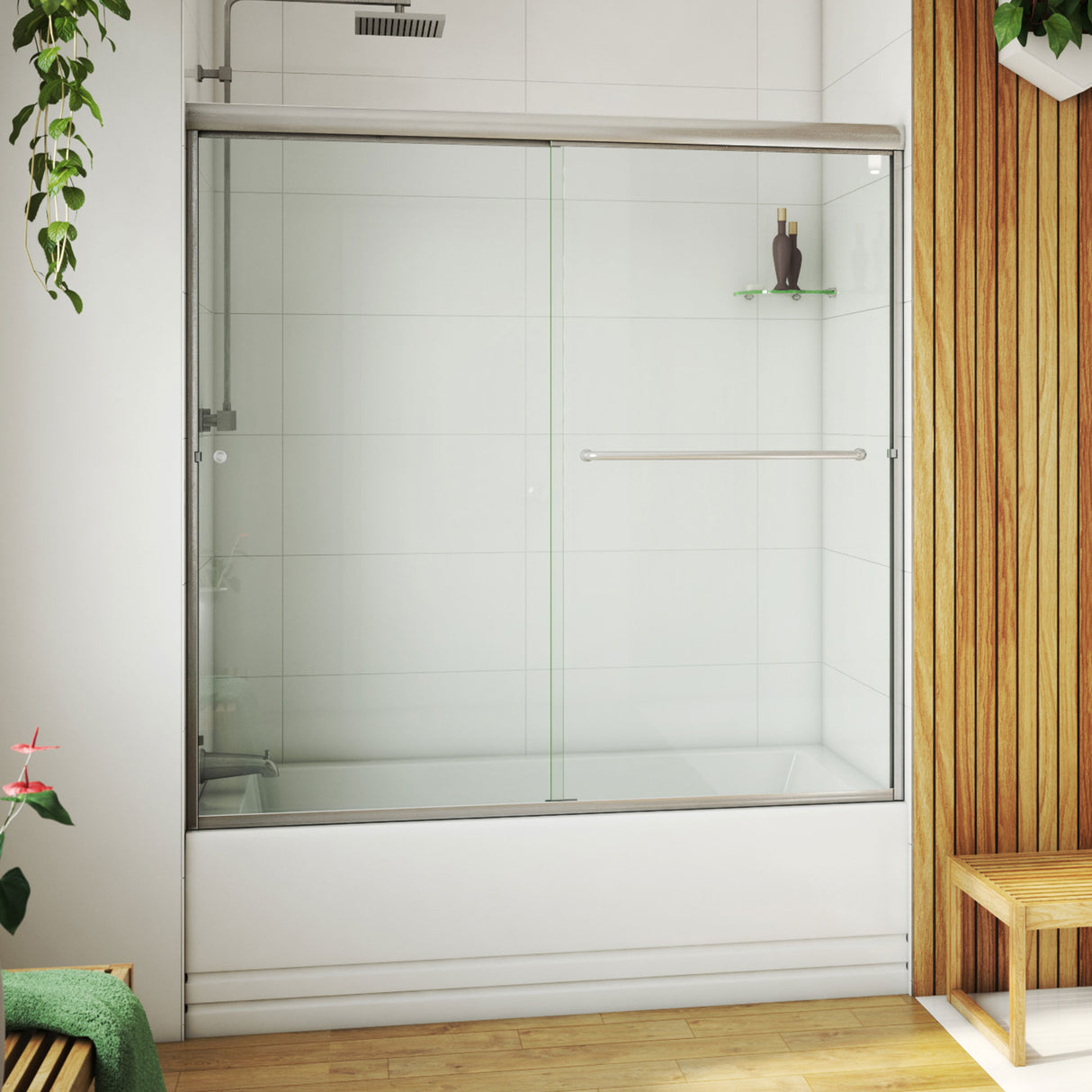 DreamLine Alliance Pro LT 56-60 in. W x 57 3/8 in. H Semi-Frameless Bypass Sliding Tub Door in Brushed Nickel and Clear Glass