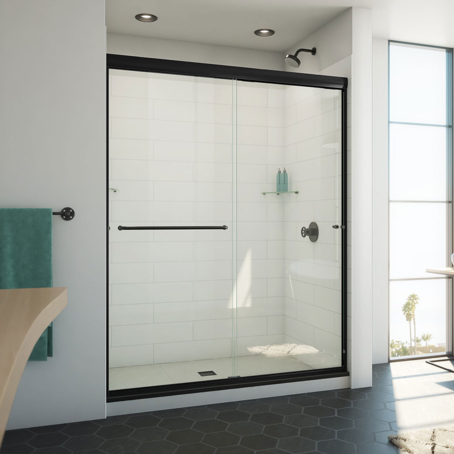 DreamLine Alliance Pro ML 56-60 in. W x 74 1/2 in. H Semi-Frameless Sliding Shower Door in Satin Black and Clear Glass