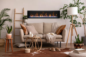 Amantii BI-60-SLIM-OD Panorama Slim Full View Smart Electric  - 60" Indoor /Outdoor WiFi Enabled Fireplace, featuring a MultiFunction Remote, Multi Speed Flame Motor, Glass Media & a Black Trim