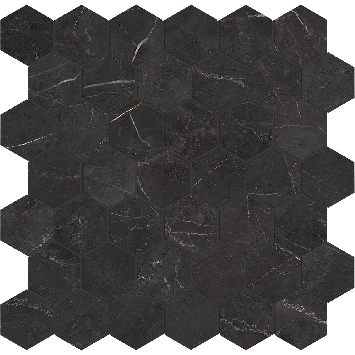 Anatolia Tile La Marca 2 Inch Hexagon Nero Polished Porcelain Mosaics. 1 Sheet = .96 Sq. Ft. 4501-0339-0 Nero Venato 2" Hexagon Polished - premium natural stone mosaic tile from Anatolia Tile, available at PoshHaus showroom in Keene, NH
