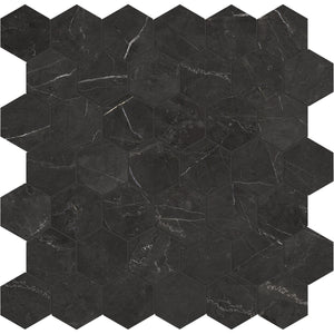 Anatolia Tile La Marca 2 Inch Hexagon Nero Polished Porcelain Mosaics. 1 Sheet = .96 Sq. Ft. 4501-0339-0 Nero Venato 2" Hexagon Polished - premium natural stone mosaic tile from Anatolia Tile, available at PoshHaus showroom in Keene, NH