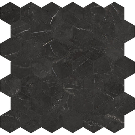 Anatolia Tile La Marca 2 Inch Hexagon Nero Polished Porcelain Mosaics. 1 Sheet = .96 Sq. Ft. 4501-0339-0 Nero Venato 2" Hexagon Polished - premium natural stone mosaic tile from Anatolia Tile, available at PoshHaus showroom in Keene, NH