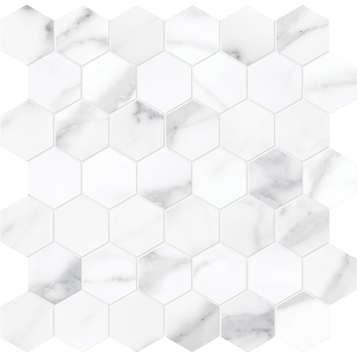 Anatolia Tile La Marca 2 Inch Hexagon Statuario Honed Porcelain Mosaics. 1 Sheet = .96 Sq. Ft. 4501-0356-0 Statuario Nuovo 2" Hexagon Honed - premium natural stone mosaic tile from Anatolia Tile, available at PoshHaus showroom in Keene, NH
