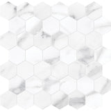 Anatolia Tile La Marca 2 Inch Hexagon Statuario Honed Porcelain Mosaics. 1 Sheet = .96 Sq. Ft. 4501-0356-0 Statuario Nuovo 2" Hexagon Honed - premium natural stone mosaic tile from Anatolia Tile, available at PoshHaus showroom in Keene, NH