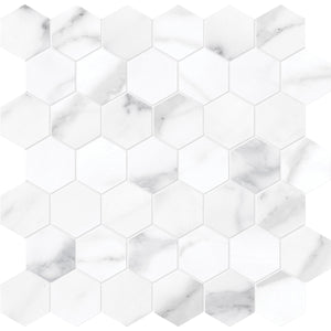 Anatolia Tile La Marca 2 Inch Hexagon Statuario Honed Porcelain Mosaics. 1 Sheet = .96 Sq. Ft. 4501-0356-0 Statuario Nuovo 2" Hexagon Honed - premium natural stone mosaic tile from Anatolia Tile, available at PoshHaus showroom in Keene, NH